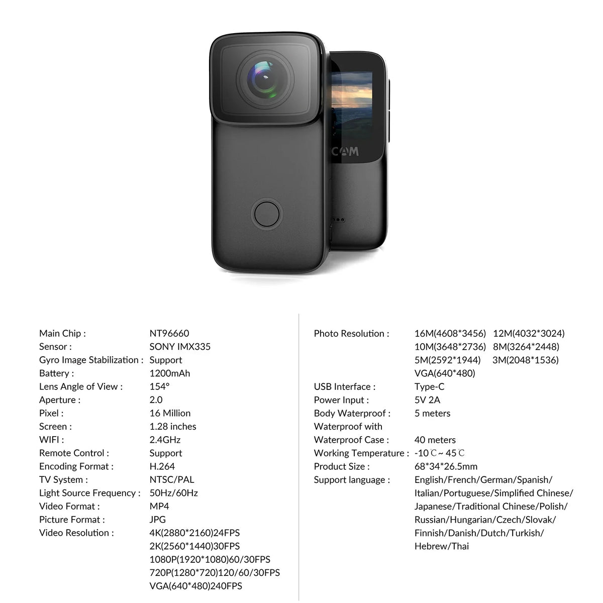 WiFi Vision with Action Rechargeable 4K Built-in IPS Face 1.28 Body Supports Battery Night Inch Anti-Shake 5M Recognition 6-Axis C200 Waterproof Camera Screen Mini SJCAM