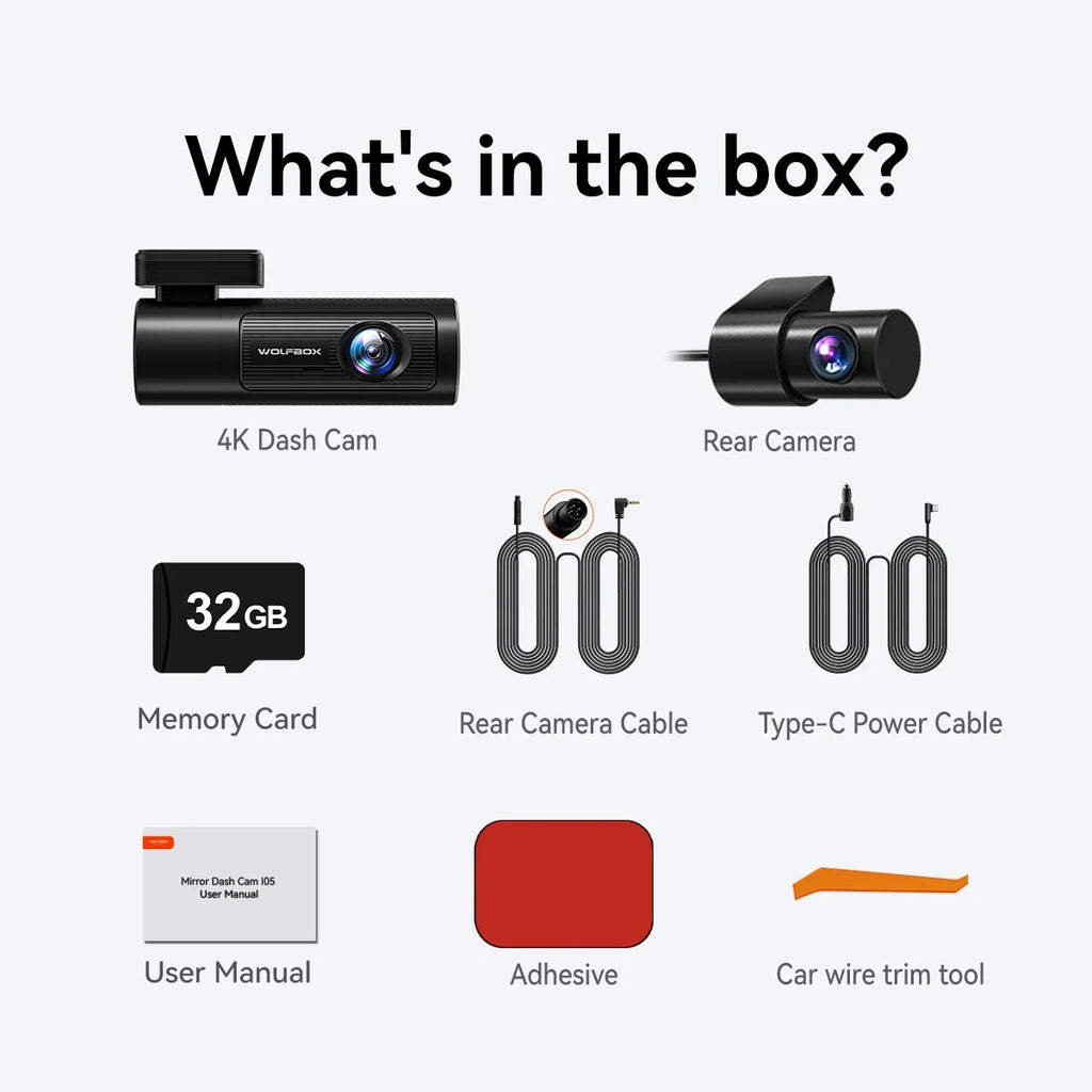 WDR, 1080P Cam & Vision, with Front Loop 32G DashCam with and Dash UHD Free Night Recording Dashcam Rear, 4K WOLFBOX Front GPS WiFi, and Card, Rear Car