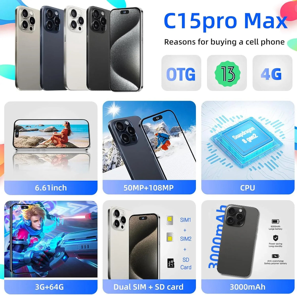 Dual-SIM Max 6.61in Large-Capacity Cell AI Pro Phones Large (Black,3+32G) 3000mAh Support Unlocked Android Phone Smartphone C15 Battery Screen High-Definition Phone Smartphones