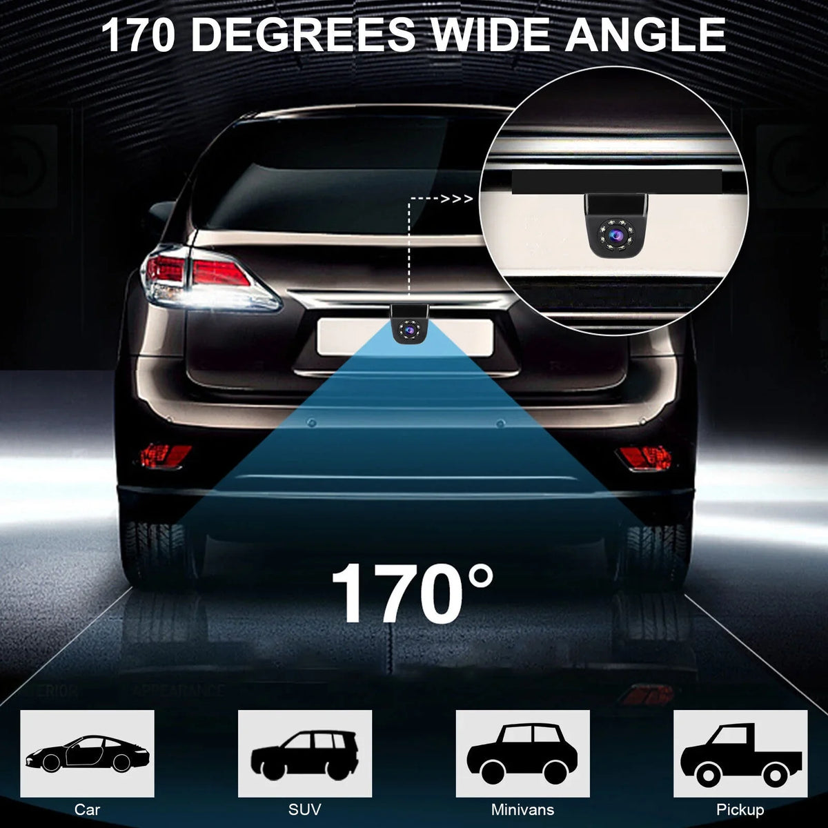 Backup Vision View Reverse 170° Waterproof Parking Night 8LED Rear Car Camera HD