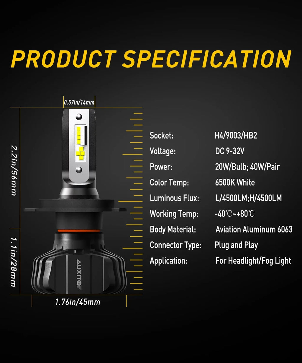 AUXITO Xenon White, Bulb Night 6500K H4 Kit Fanless, 300% Adjustable 2 Pack Dual Conversion HB2 Visibility Beam LED 9003 of Beam