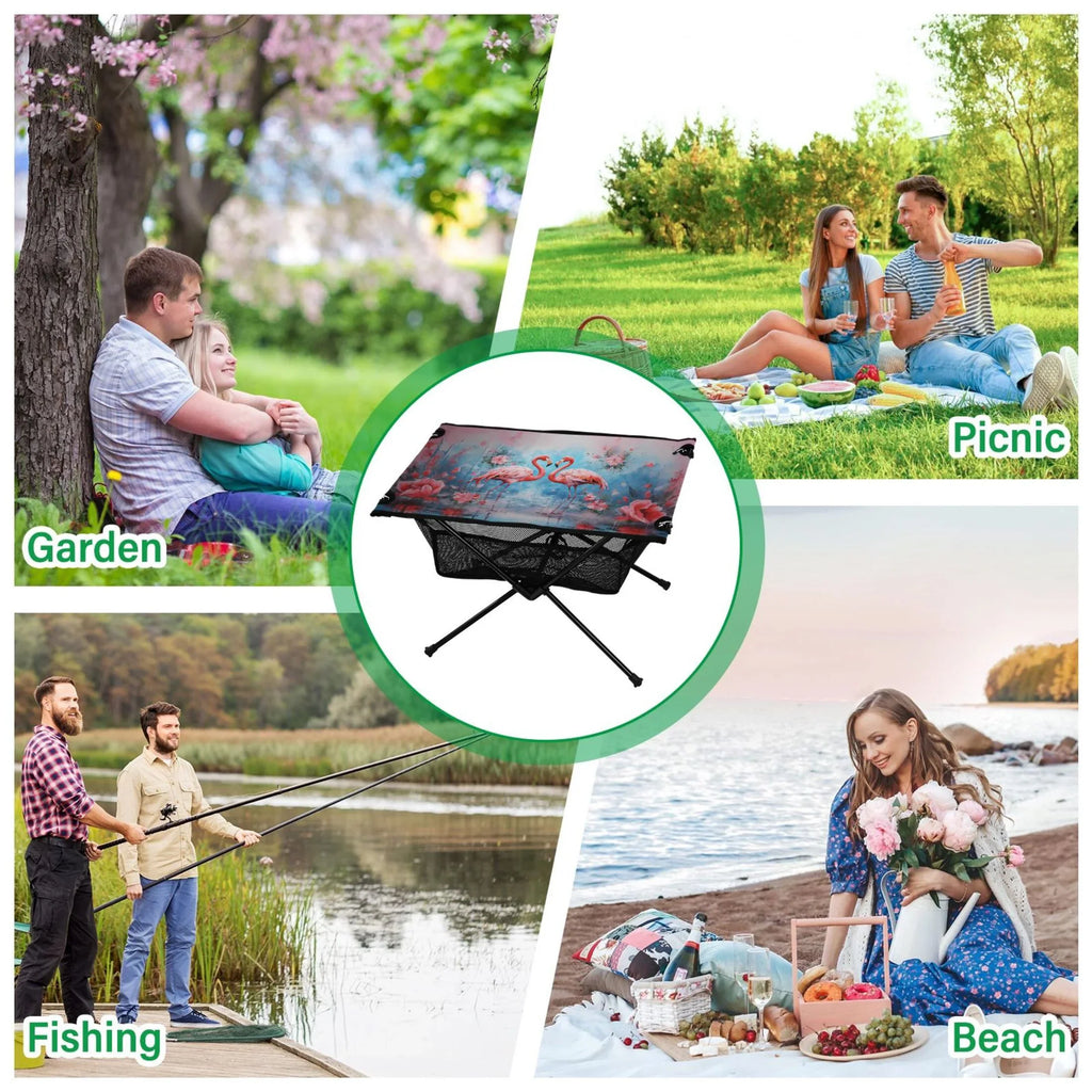 Hiking Flamingos Fishing Compact Bag Table Portable Table Table Camping Beach with Outdoor Storage Foldable and for Picnic BBQ Flowers