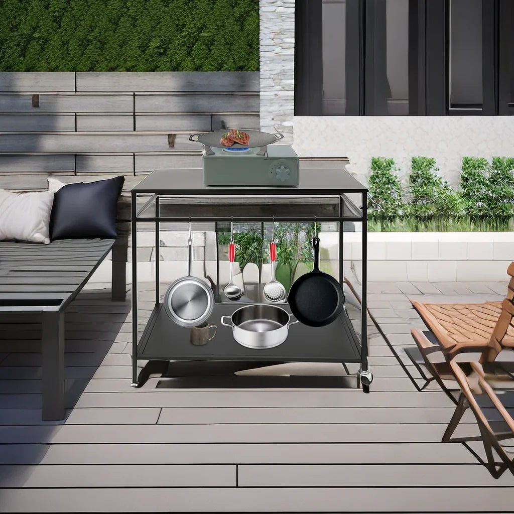 Movable Cook Outdoor Food Serving Station 2-Tier Grill Table Rack Shelf Cart BBQ Prep