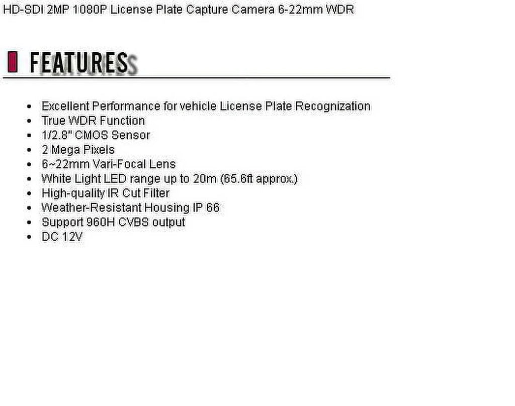 2MP License Plate 1080P CCTV WDR Camera Capture HD-SDI 6-22mm