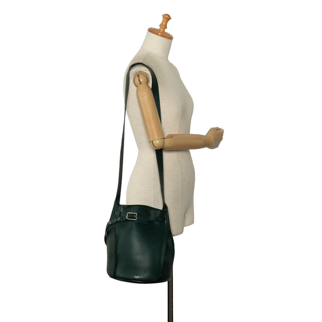Authenticated Big Pre-Owned Unisex Bucket Leather Bag Calf Celine (Good) DrawstringBag Bag Bucket Green