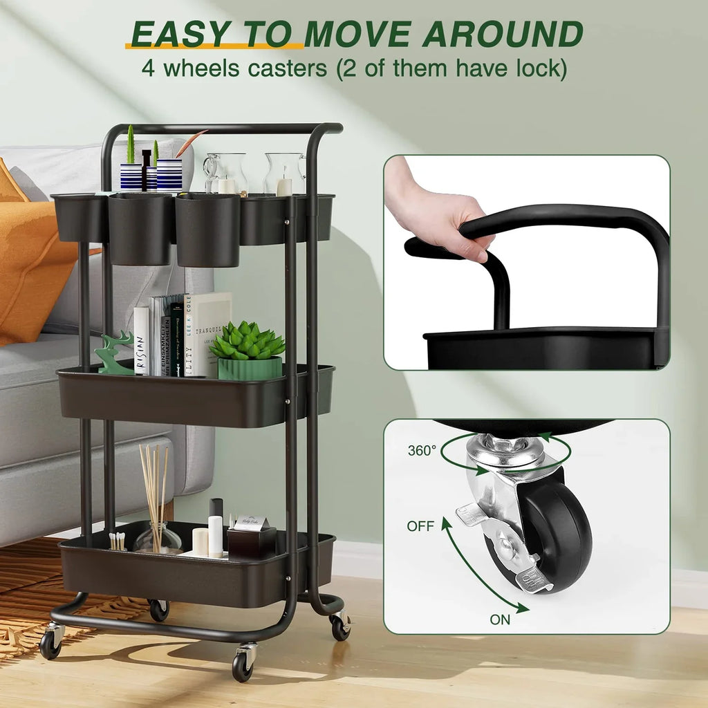Storage Cart Black Rolling Organizer Multi-Functional with Multifunctional Office Living with for Annvchi Kitchen Wheels3-Tier, Trolley, Cart, Storage Utility Handle Storage Room Shelves