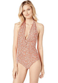 6 Deep Halter Size Michael Kors Red, Floral Michael V-Twist Shadow One-Piece, Womens
