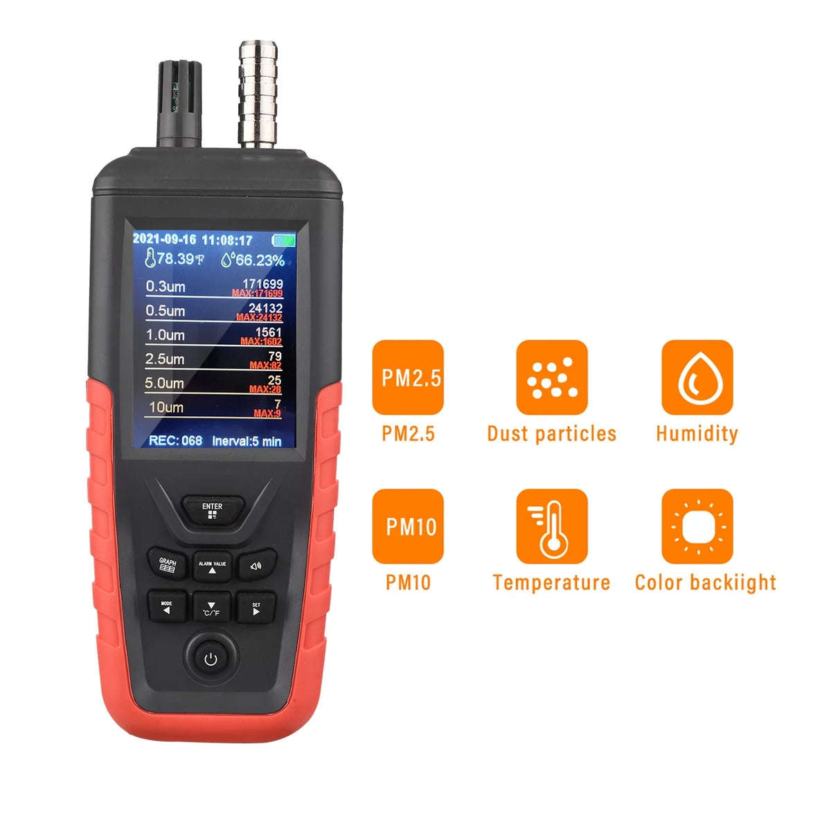Walmeck Quality Backlight Home 3.2-inch Temperature Tester Detector Humidity Offi PM10 PM2.5 with Counter 2.5μm/ 0.3um/ 6-Channel Screen Air Dust 10um Particle 5.0μm/ Color 0.5μm/ 1.0μm/ TFT