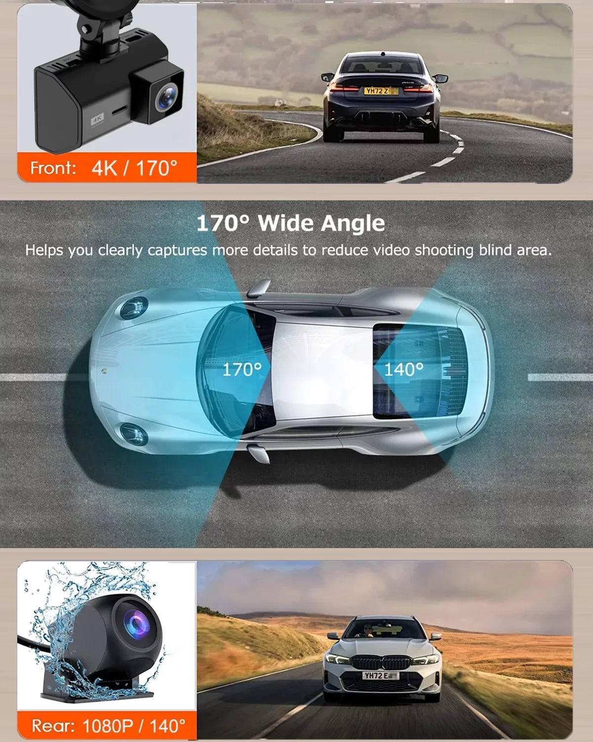 for Vision, SD Dash Mode, Inch Cam 2 Wide Front WIFI, with Rear 4K Night and Camera SD Recording, Card, Angle, Dash Dash Dual Cam Card GPS Loop Included 64GB Parking with Cars,