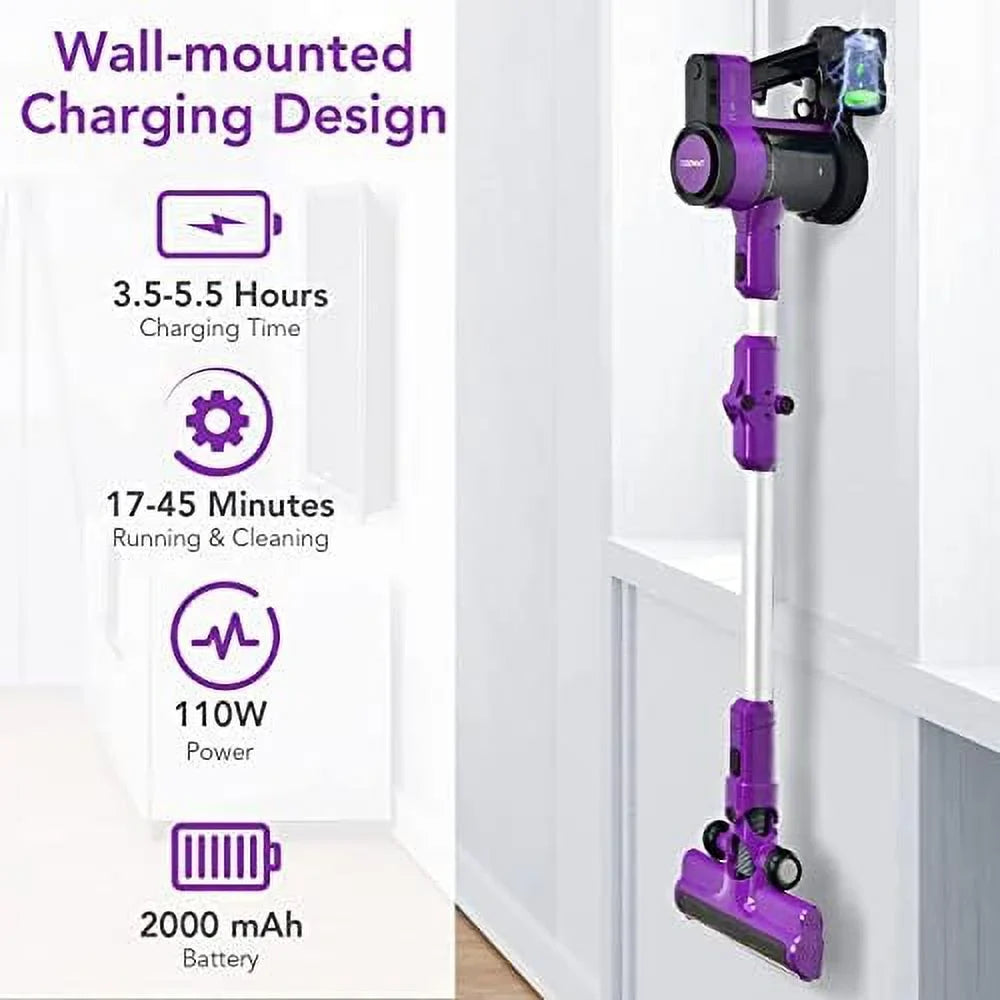 Vacuum For 3-In-1 (Purple) Cleaner, & Lightweight Cordless Floor Battery, Rechargeable Stick Hair, 45-Minute & Car, Wall-Mounted Vacuum Handheld Carpet Runtime With 2000Mah Hard Pet Vacuum
