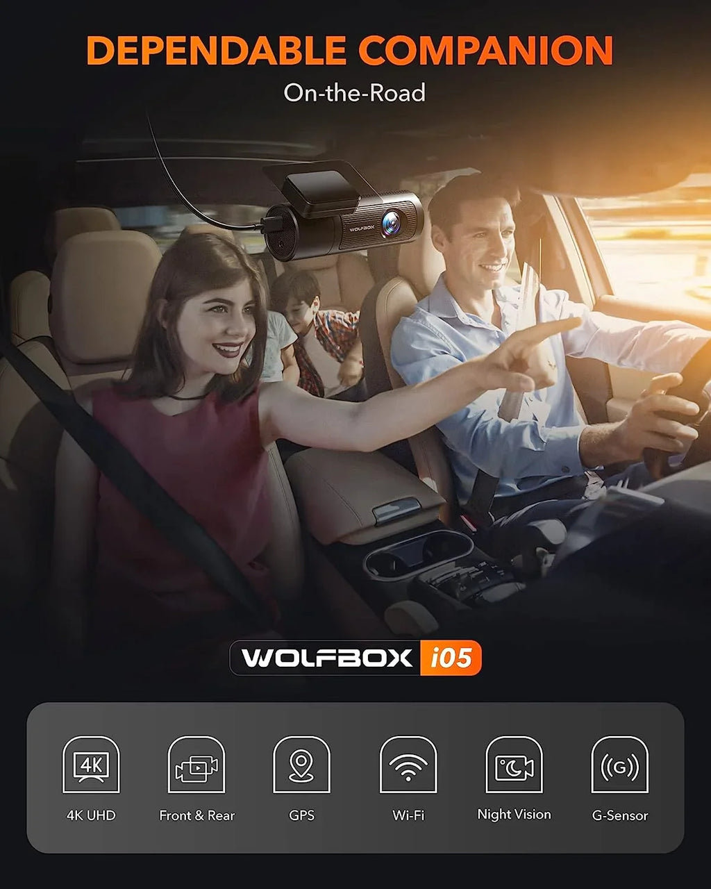 WDR, 1080P Cam & Vision, with Front Loop 32G DashCam with and Dash UHD Free Night Recording Dashcam Rear, 4K WOLFBOX Front GPS WiFi, and Card, Rear Car