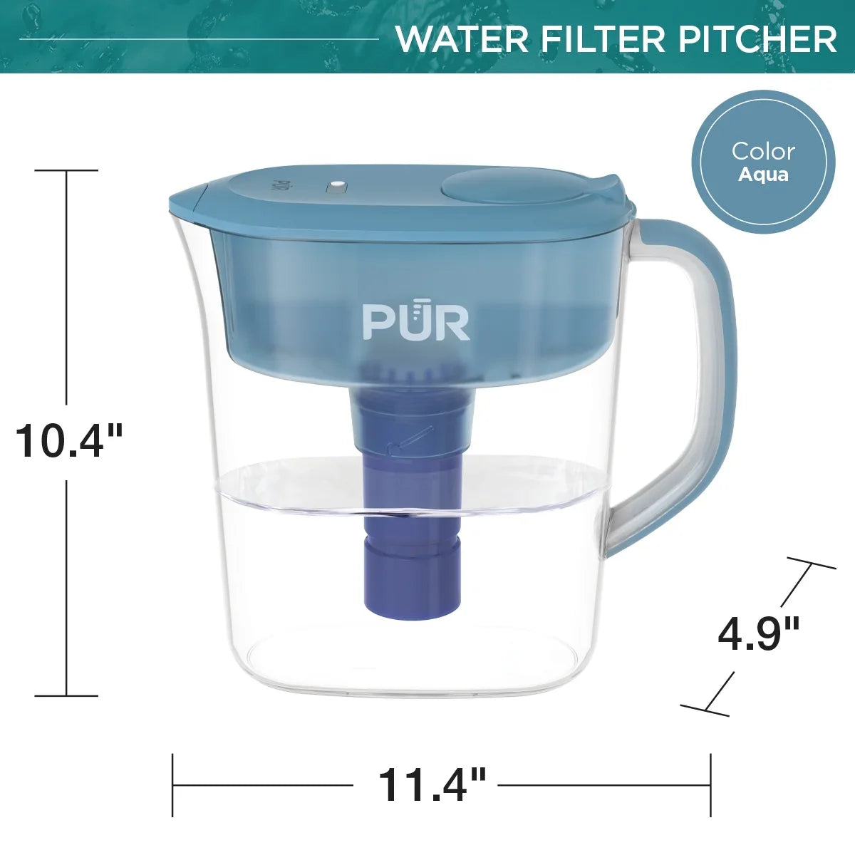 Pitcher W 10.4" 11-Cup PLUS x H L Water PUR x PPT111G Aqua, 11.4" System, 4.9", Filtration