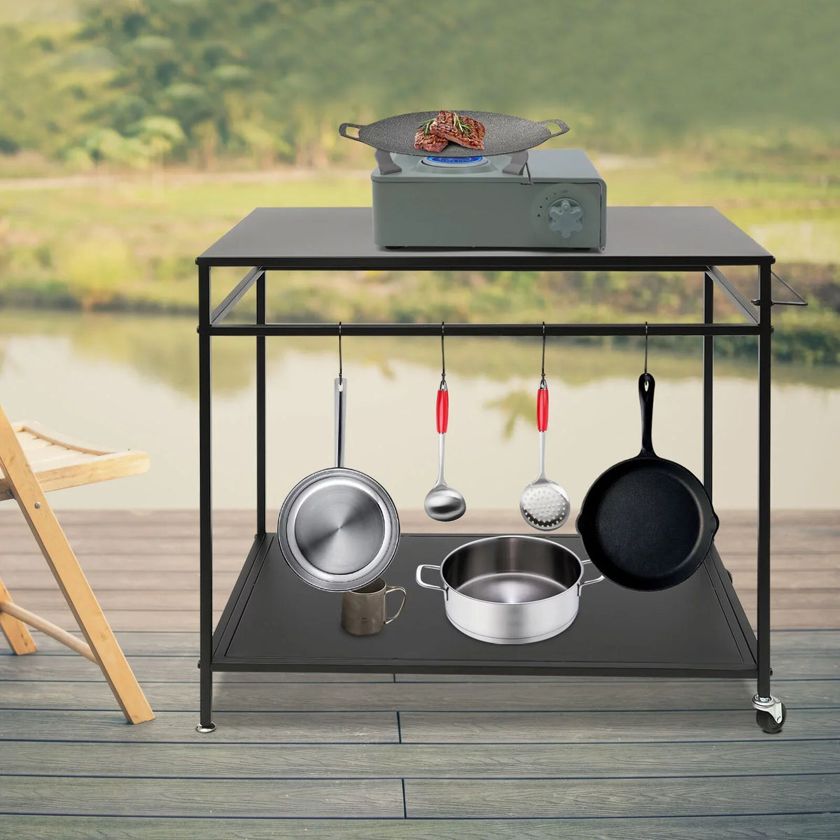 Movable Cook Outdoor Food Serving Station 2-Tier Grill Table Rack Shelf Cart BBQ Prep