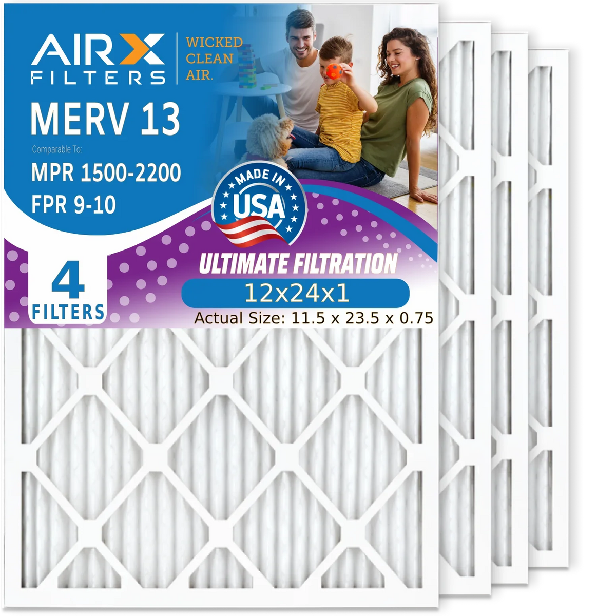 Filter AC USA Air 4 Conditioner Made - & 13 FILTERS 1500 Pleated 12x24x1 9 Comparable by Filter to AIRX 2200 Filters Furnace AIR. Air CLEAN MPR HVAC MERV FPR Pack 12x24x1 Electrostatic WICKED Premium