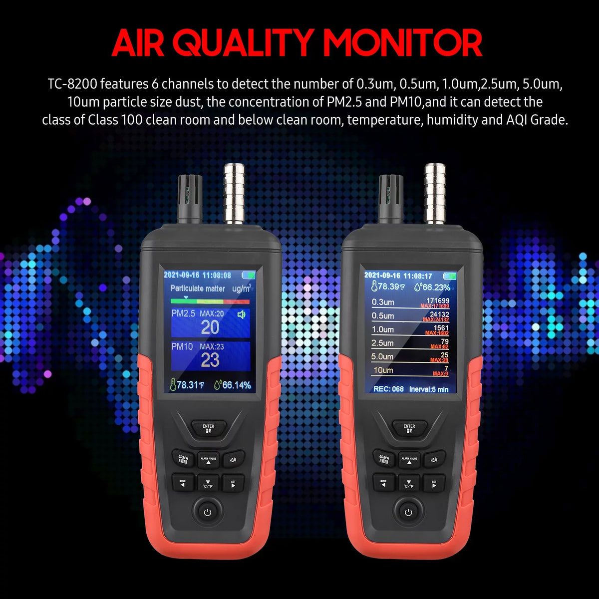 Walmeck Quality Backlight Home 3.2-inch Temperature Tester Detector Humidity Offi PM10 PM2.5 with Counter 2.5μm/ 0.3um/ 6-Channel Screen Air Dust 10um Particle 5.0μm/ Color 0.5μm/ 1.0μm/ TFT
