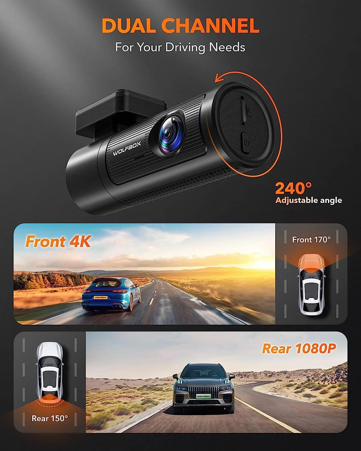 WDR, 1080P Cam & Vision, with Front Loop 32G DashCam with and Dash UHD Free Night Recording Dashcam Rear, 4K WOLFBOX Front GPS WiFi, and Card, Rear Car