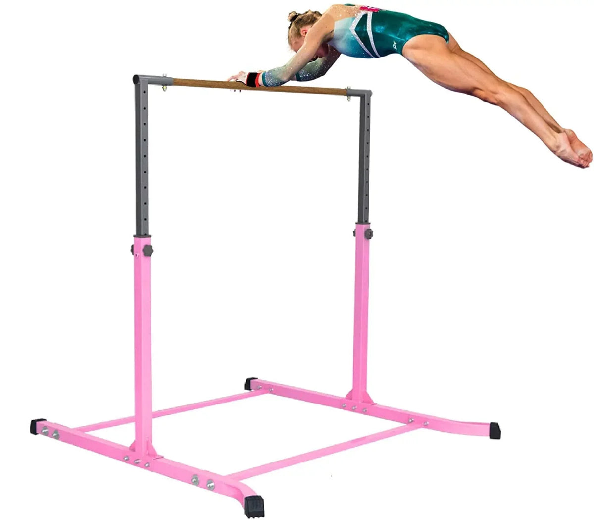 Junior for Gymnastics Training Gym Horizontal 5 FT HD Bar, Bar Expandable Bar to Kip Legs Gymnastic Balançoire Training Equipment 3 BAR Adjustable Strong FT Home Bar Height PINK Curved Gymnastics Kids