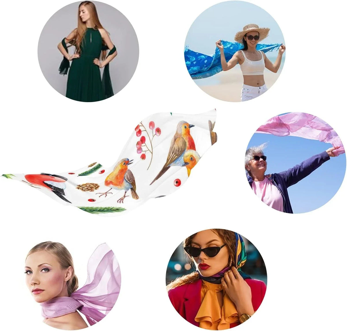Scarf Scarves Wrap Leaves Long Girls Christmas Bird Lightweight Hyjoy Watercolor with Neck for Women Shawl Silk