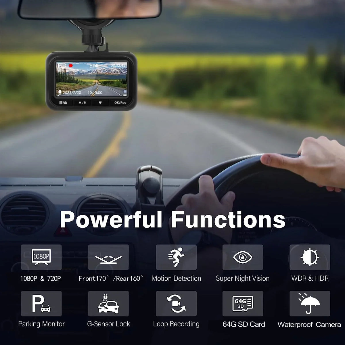 64G HD inch 2.45 WDR, IPS 2 Night and Dash SD Screen, Cars, Front for Cam Camera , Vision, Full 1080P Dash Rear,