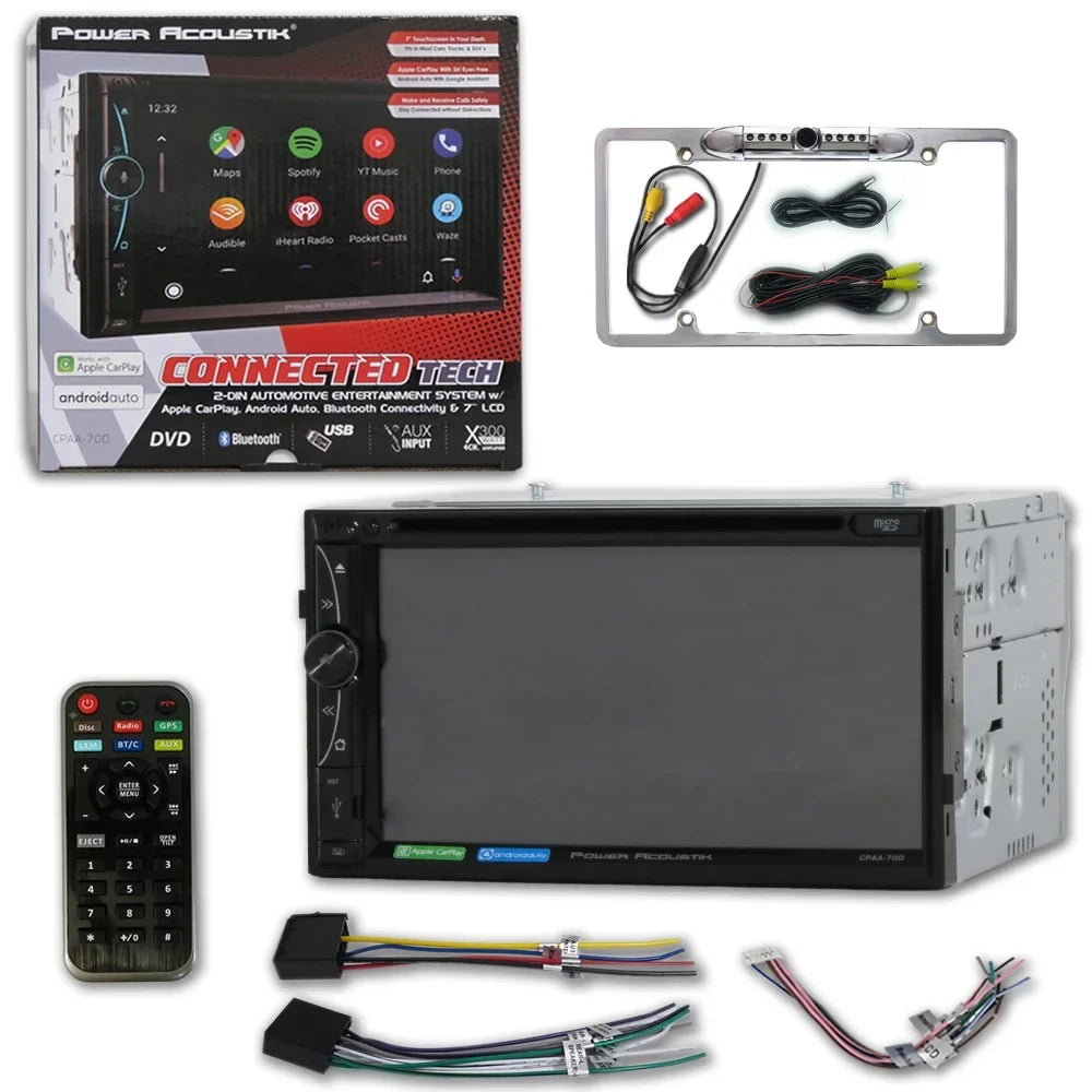 Night 7" DVD with W/ Auto & Power Acoustik Android 2 Apple CPAA-70D Stereo Back-up Vision CD Din DCO Camera License Carplay Plate Full Waterproof Bluetooth