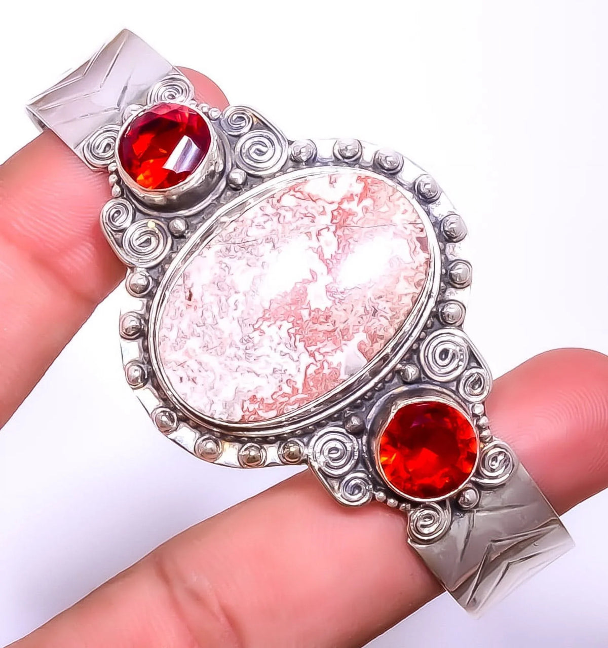 Girls Jewelry 925 & Birthday Rosetta Silver Valentine's C6176-12, Bali Day Gift, Beautiful Gift, Jasper T946 & Adst. Plated For Garnet Woman Cuff