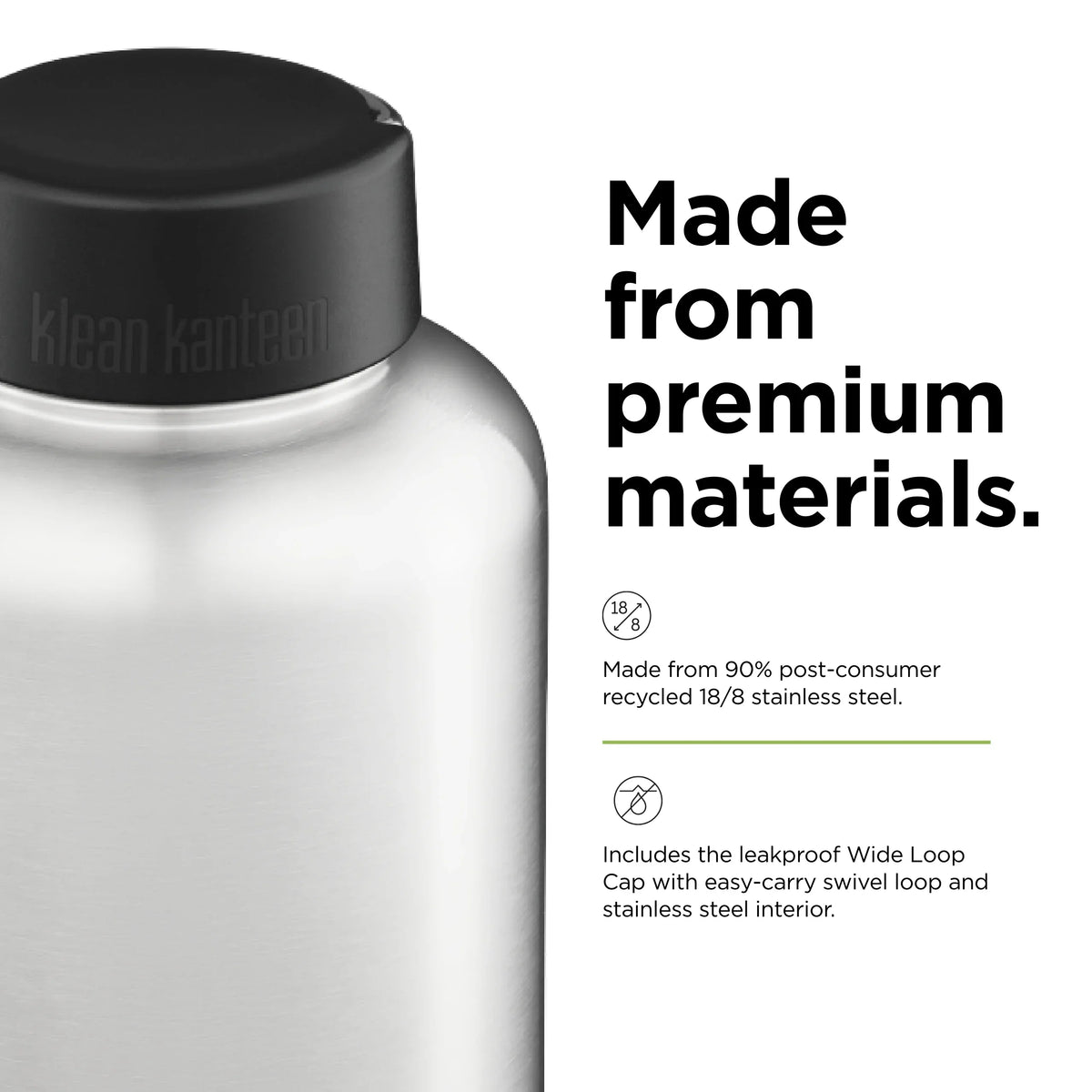 Wide Kanteen 64oz, Cap, Klean Stainless Brushed w/Wide Loop
