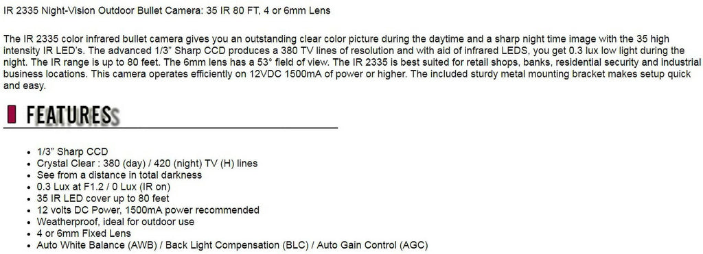 (6mm Camera Outdoor Bullet CCTV IR 80FT 35 IR Eyemax 2335 Security Fixed Night-Vision Lens)