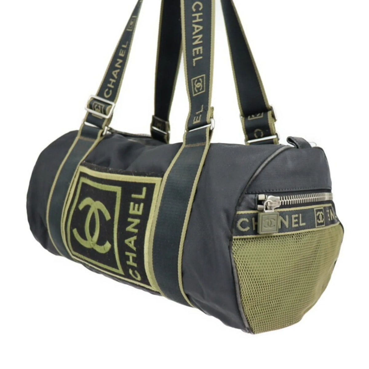 Sport Line Nylon Round Cocomark Khaki Travel Canvas Series Chanel Cylindrical Green 10 Black Shoulder Boston (Fair) Bag Pre-Owned CHANEL