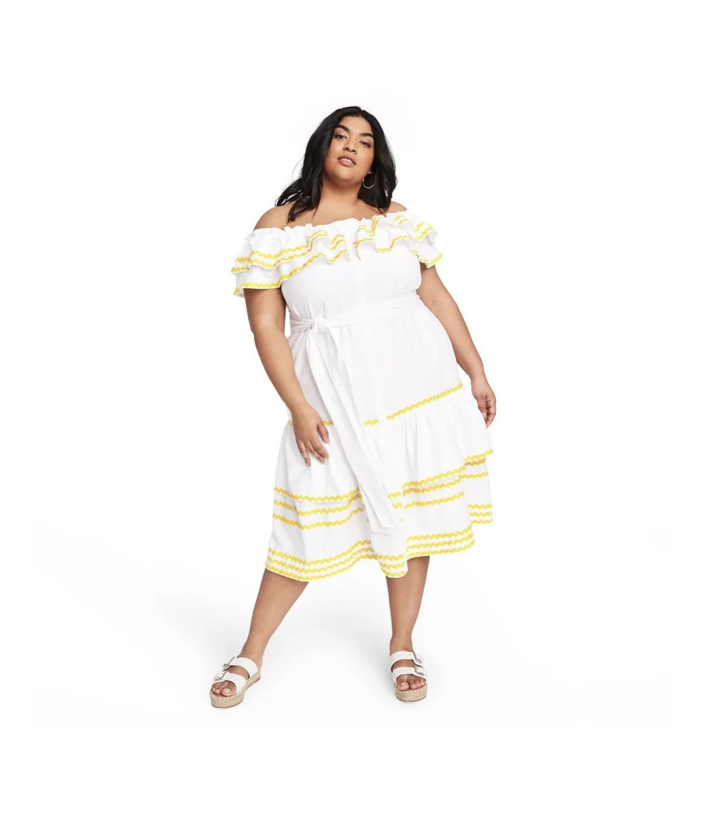 the Marie Ric Plus Rac Women's Dress Lisa Off Shoulder - Size White/Yellow, 1X Fernandez