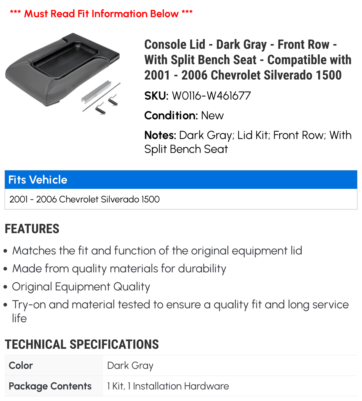 with Gray Dark Compatible Lid 2001 - Seat Split - 2005 2006 Silverado - Front With 2002 - Chevy Console 2004 - 2003 Bench Row 1500