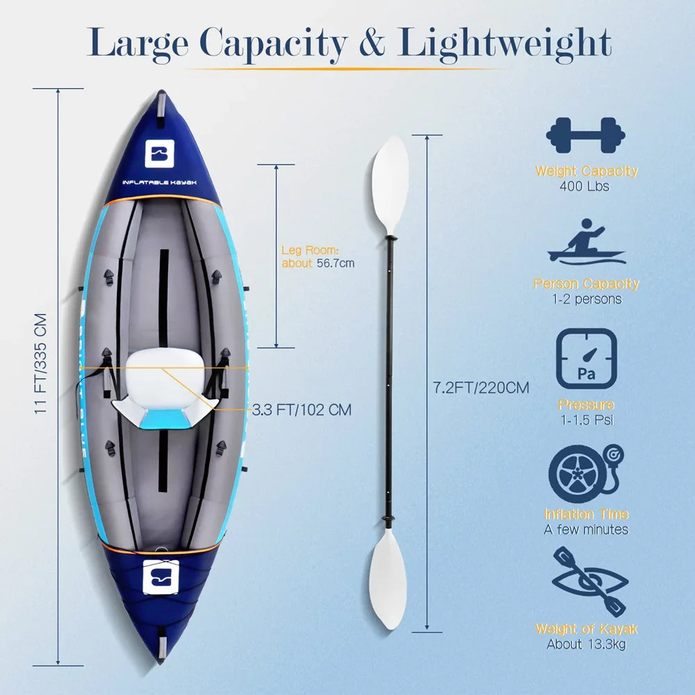 2 Inflatable Paddles Person 2 Blue Sekkvy Set Kayak for Bag Fishing Blow 11ft Fins Up and 3 Angler Kayak Adults Carrying with