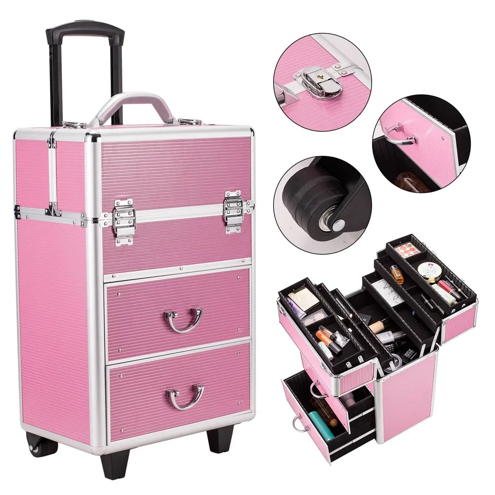 4 Pink Rolling Makeup Rolling Organizer Women, with Extendable Cases, Case Makeup Train for Tier Lockable Case Trays, Cosmetic Cosmetic WRWQ852 Cosmetic Wheels