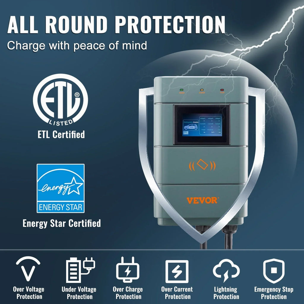 Smart 11.5 Vehicle Cable Energy 0-48A & for Charging Level WiFi, VEVOR 240V Certifie Station, Use, NEMA Indoor/Outdoor TPE Plug kW with 6-50 Charger EV 24-Foot Electric 2 Star Charging Adjustable, ETL