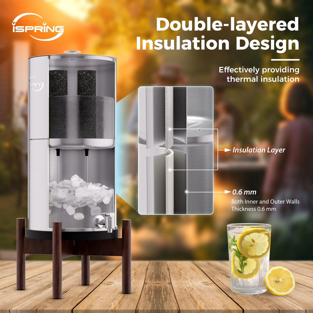 with 2 Reduction,Portable with Water System Water Countertop iSpring Water DGF2-DW Dark Wood Filter Base,3.17 Gallons Gravity-Fed Filters,Chlorine Filter Carbon Stainless Steel Activated