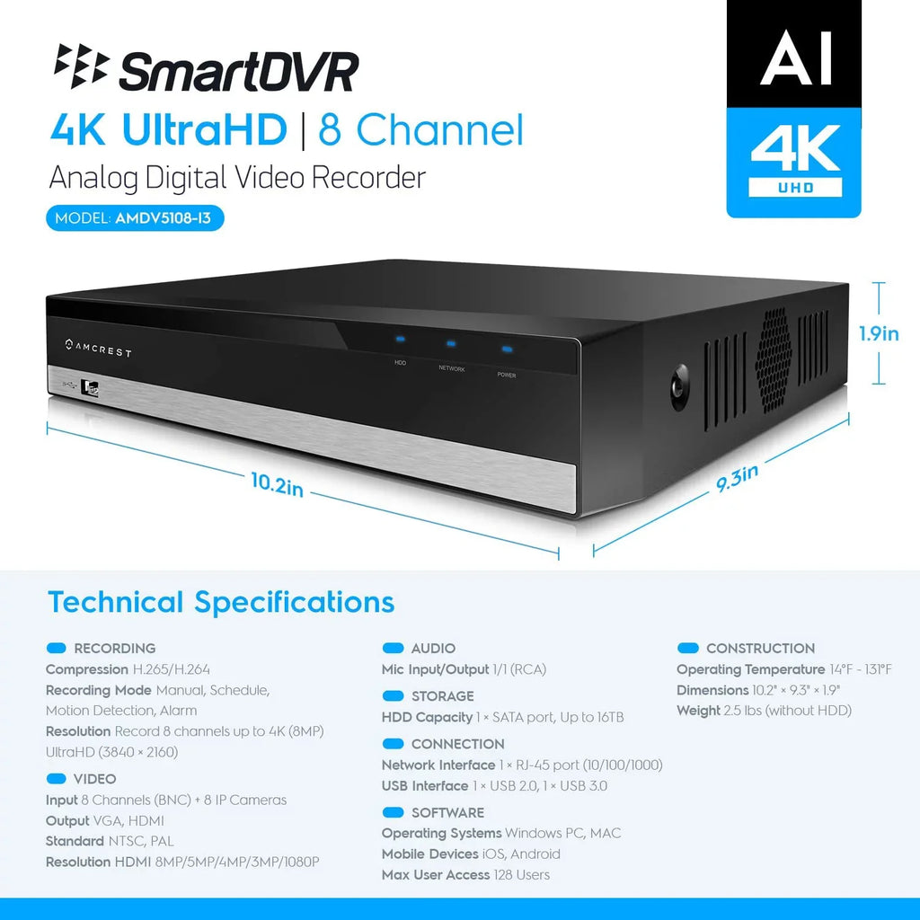 Channel Analog Pre-Installed HDD for UltraHD Recorder, (AMDV5108-2TB) 4K AI Security 2TB DVR Smart Amcrest System DVR, & AI Camera 8 IP DVR Security Cameras Cameras, Security Amcrest 8MP