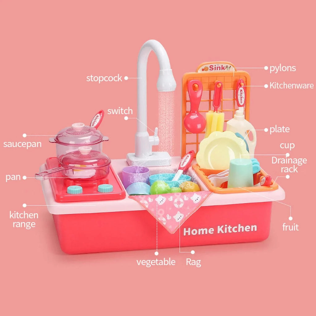 Play Kitchen for Running Role With System Sink Boys Children Play Alphabet Playing Cycle Pretend Electric Toddlers Toys Girls House Toys Dishwasher Toy Automatic Water for Water Game Board Board