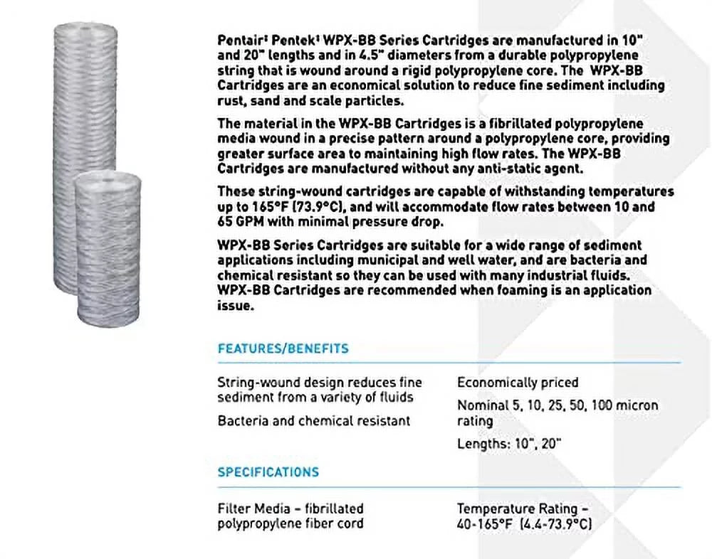 Microns inch, 10 WPX100BB97P Polypropylene inch 100 Cartridge, x 4.5 Filter Pentek String-Wound
