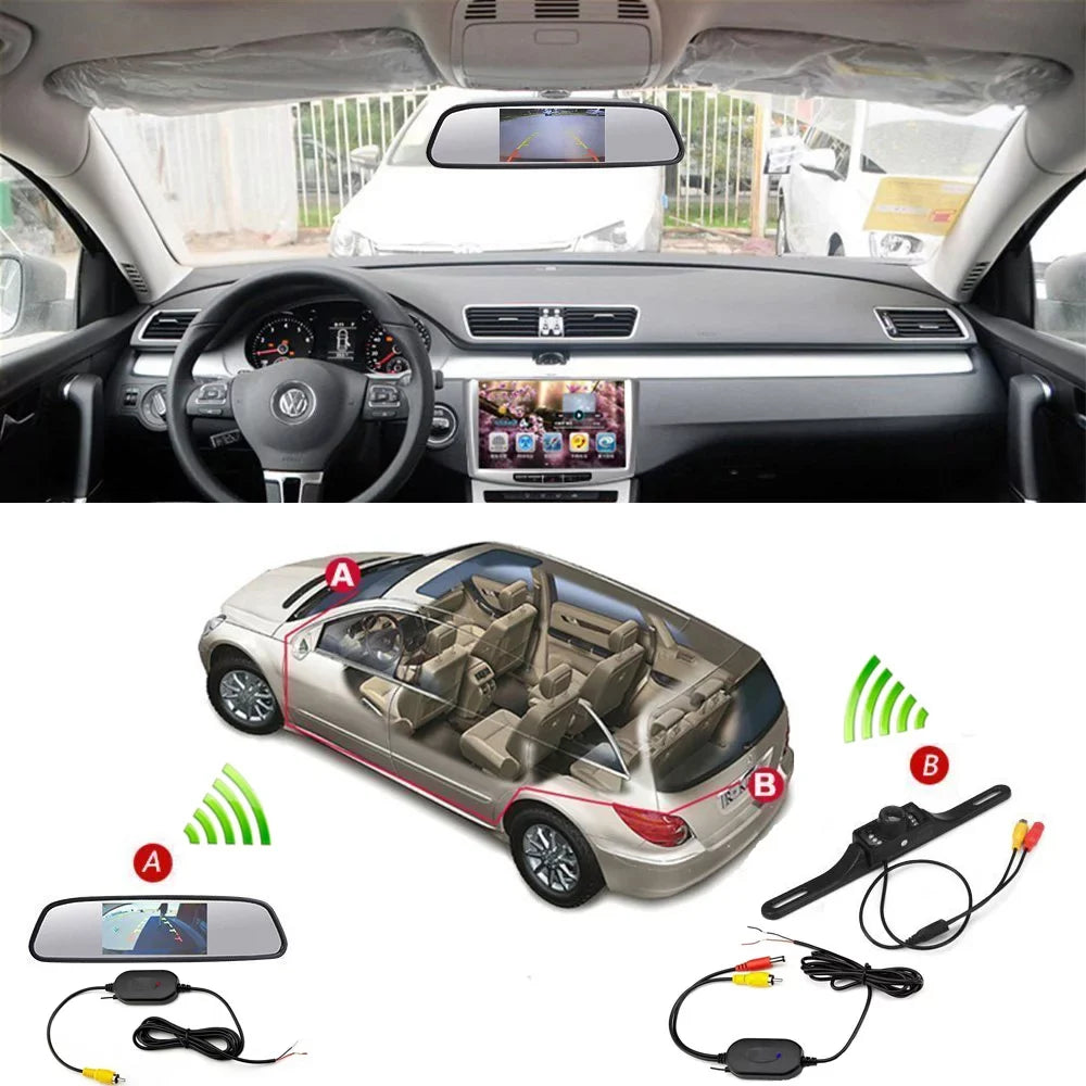 Backup 7 Vision Vehicle Night IR Monitor Rear License Kit Camera Car LED Plate 4.3" Camera Waterproof Mirror View Wireless with Podofo