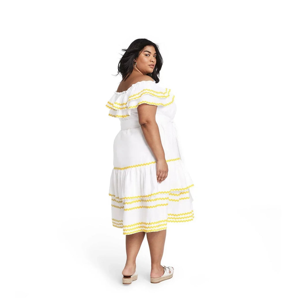 the Marie Ric Plus Rac Women's Dress Lisa Off Shoulder - Size White/Yellow, 1X Fernandez