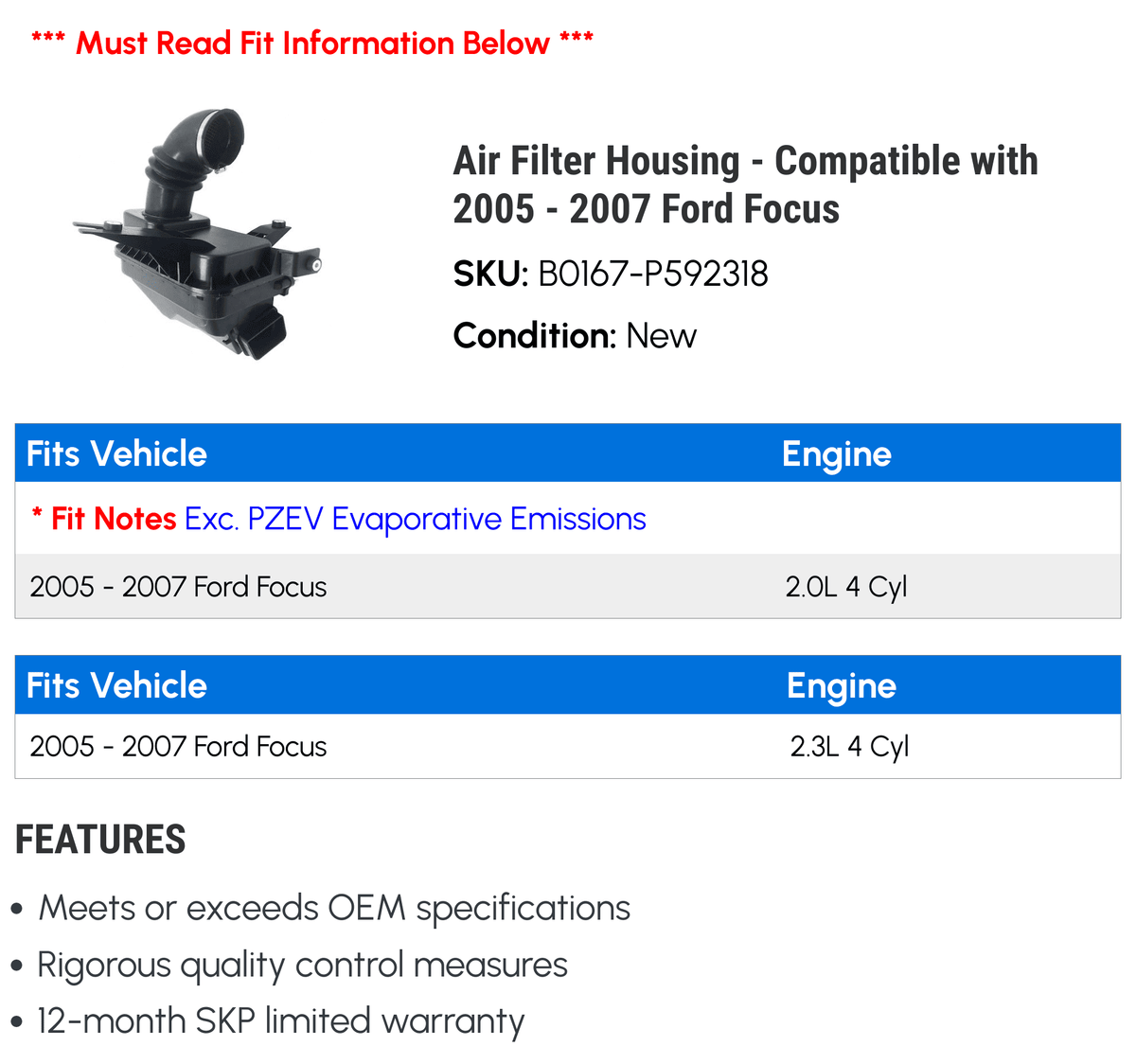 Focus Air Housing Compatible - 2006 - 2005 2007 with Ford Filter