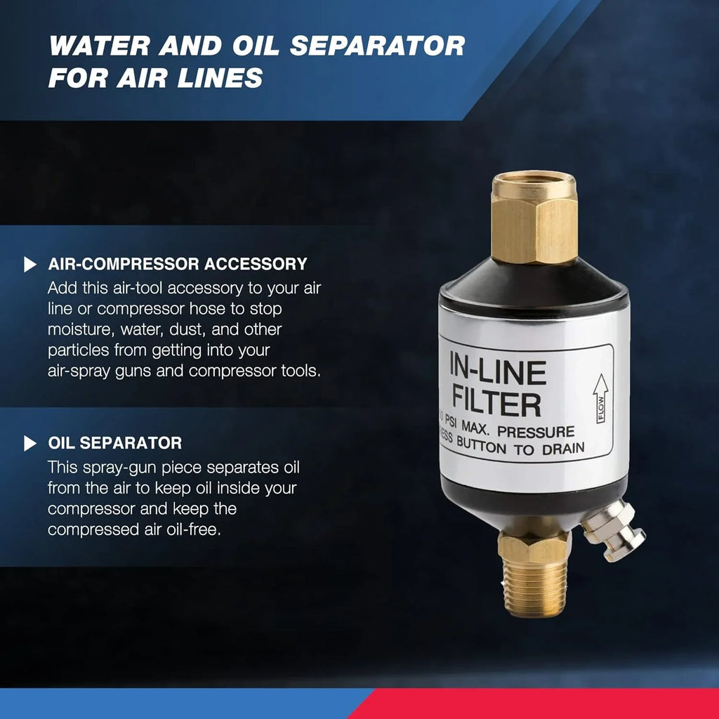 Tool Line Compressor Outlet Black | Protect Optimize Accessory | Water and 1/4" Air 30253A Tools Oil for and | Pneumatic NEIKO of Lifespan NPT Air Performance, and Air 150 | Inlet Separator | PSI