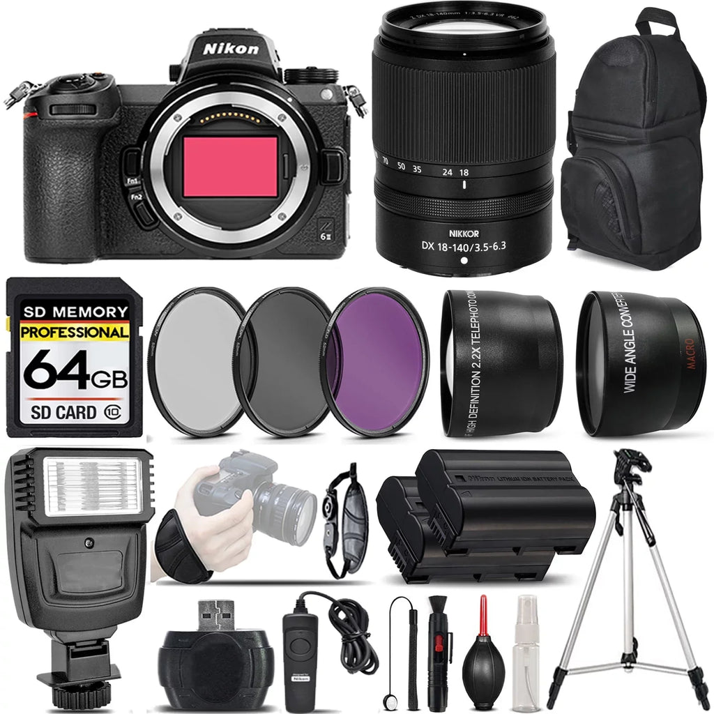 International Version Z6 Flash - Wireless 2.2x Telephoto 10 UV-CPL-FLD Angle Lens VR Lens Wide + 0.43x Camera + Card Lens + + Filters II 18-140mm Digital Class + 64GB Nikon Remte + Nikon + Memory