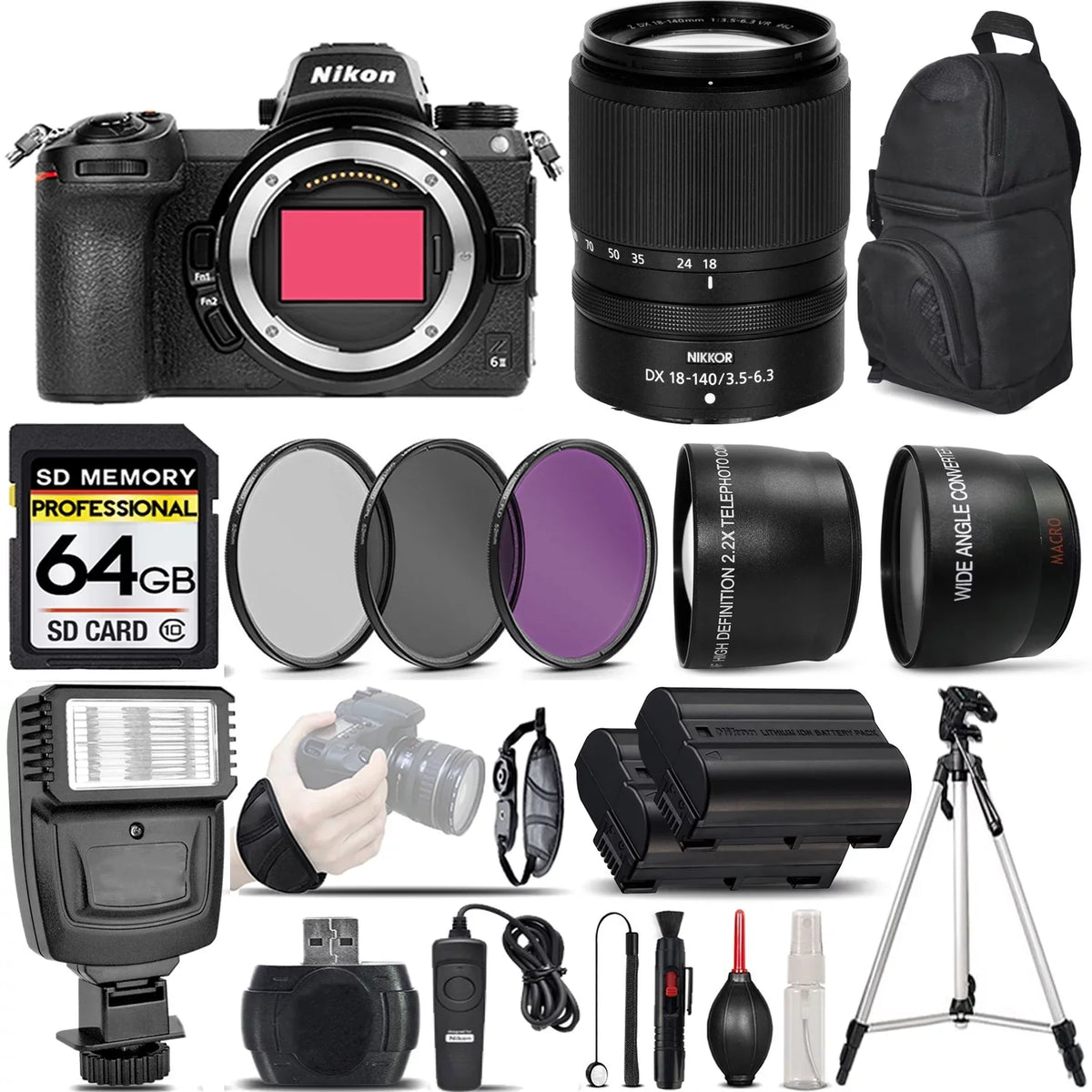 International Version Z6 Flash - Wireless 2.2x Telephoto 10 UV-CPL-FLD Angle Lens VR Lens Wide + 0.43x Camera + Card Lens + + Filters II 18-140mm Digital Class + 64GB Nikon Remte + Nikon + Memory