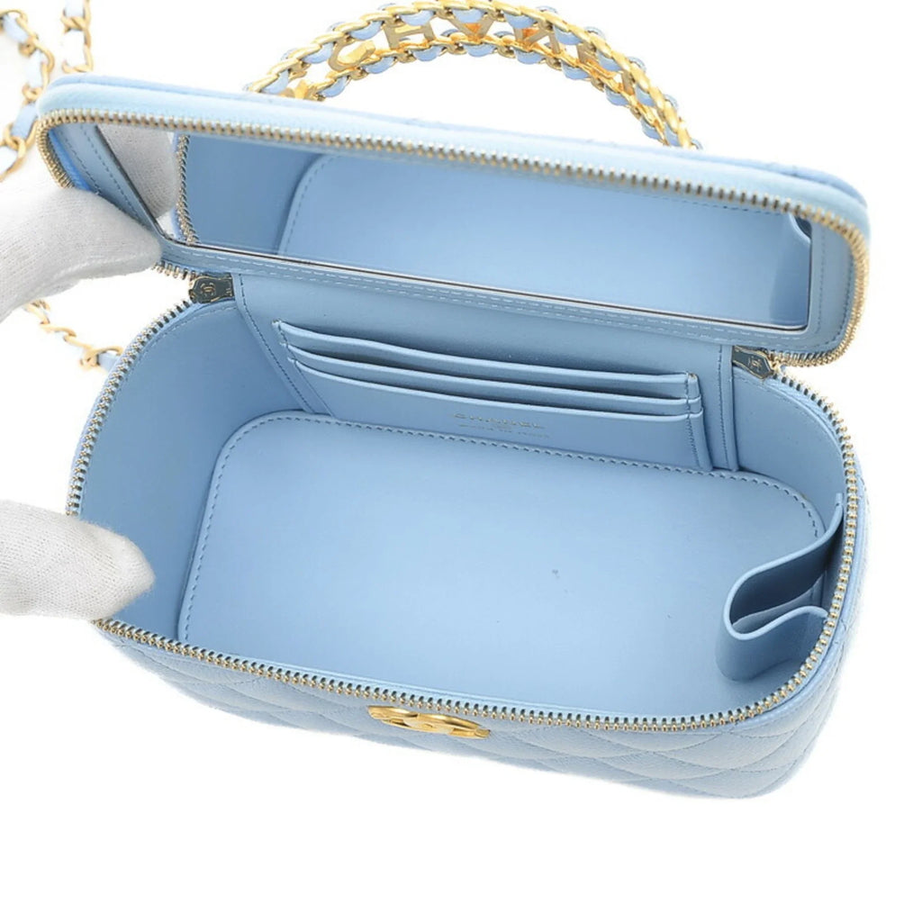 (Good) Pre-Owned Vanity Hardware Caviar Logo Gold Chanel Bag Handle AP2805 Blue Skin Shoulder