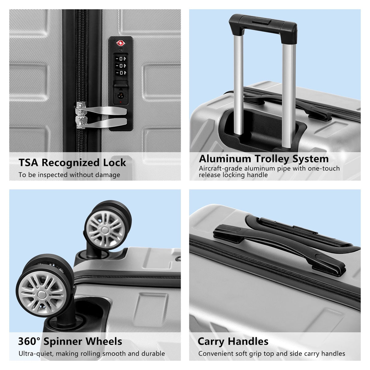 Luggage Sets Hardside Silver, Hikolayae - Piece Spinner TSA 5 Lock in