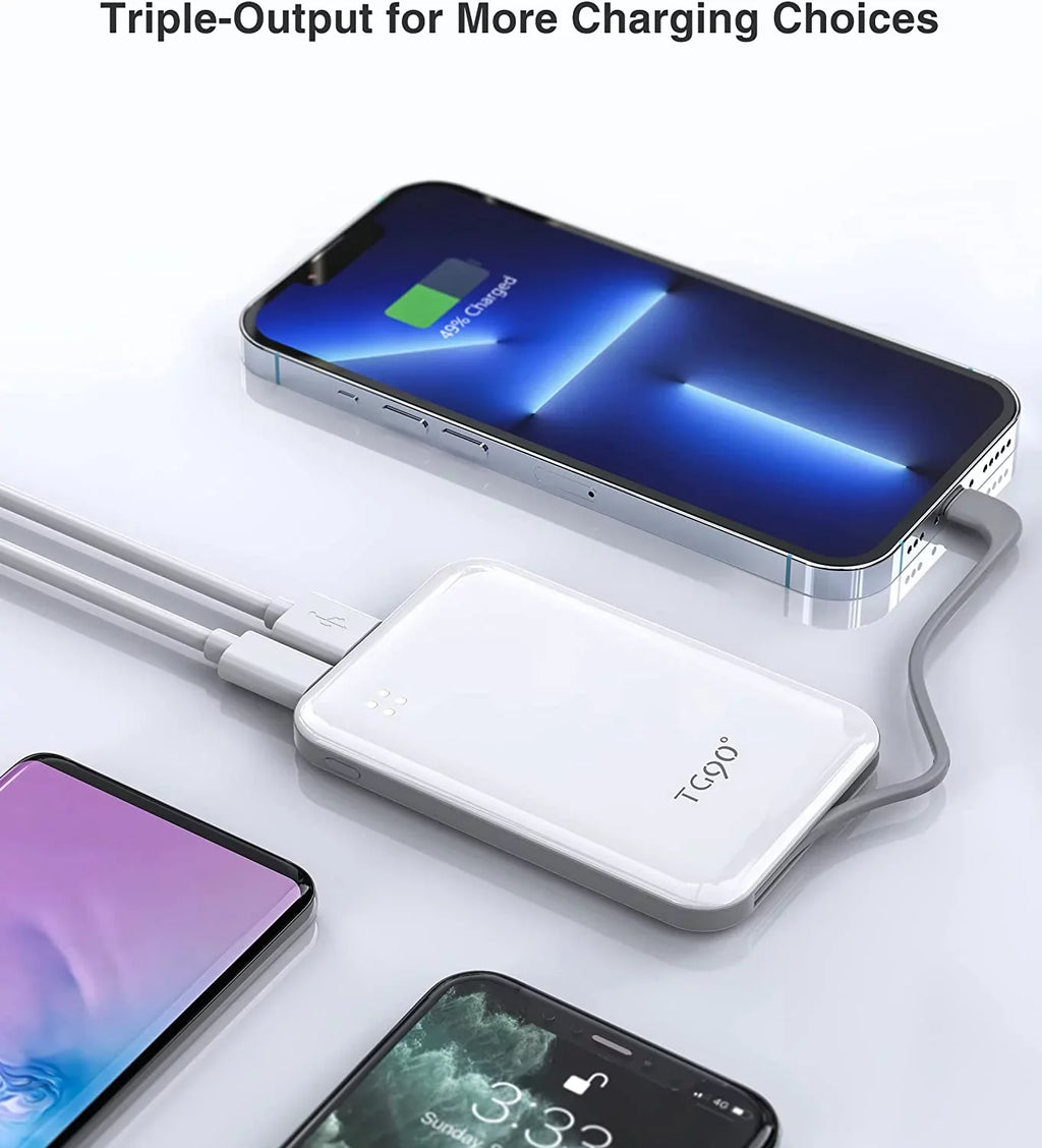 Charger Power and Small Compatible Cable, Pro Portable TG90 Pro Mini Portable with White 4500mah Pro Max/X/XS/8/7/6/SE More Bank iPhone Charger Built-in 13/13 Max/12/12 Phone with Max/11/11 Cell