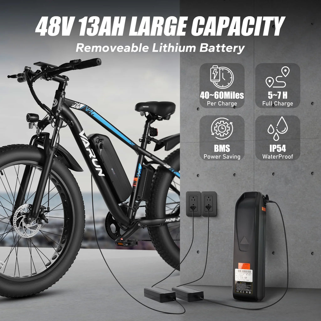 60+ 750W with 26" Adults Lockable E for Bike Features Fat Electric 13AH Tire Electric 7-Speed, 25MPH to Miles - 48V Mountain Removable Battery Up Bikes Suspension Peak VARUN - - Ebikes Bike