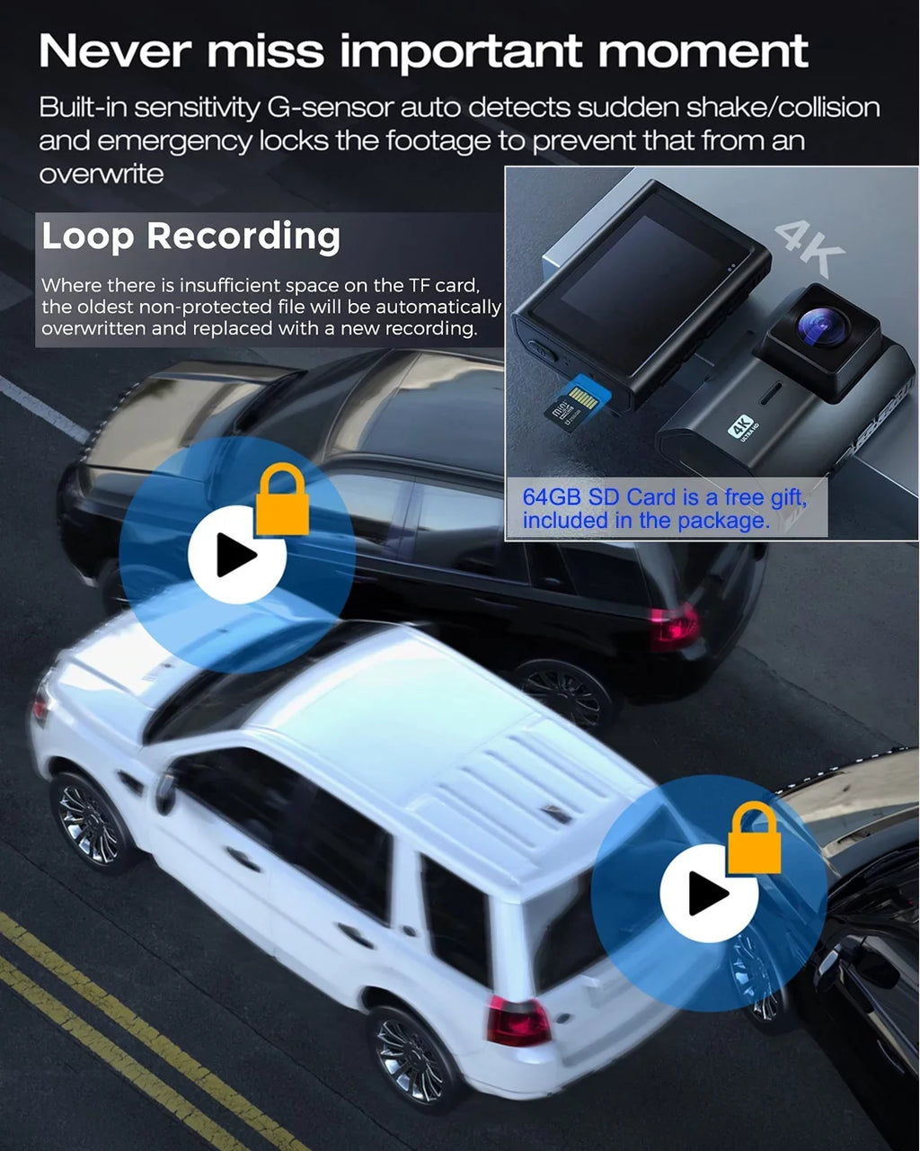 for Vision, SD Dash Mode, Inch Cam 2 Wide Front WIFI, with Rear 4K Night and Camera SD Recording, Card, Angle, Dash Dash Dual Cam Card GPS Loop Included 64GB Parking with Cars,