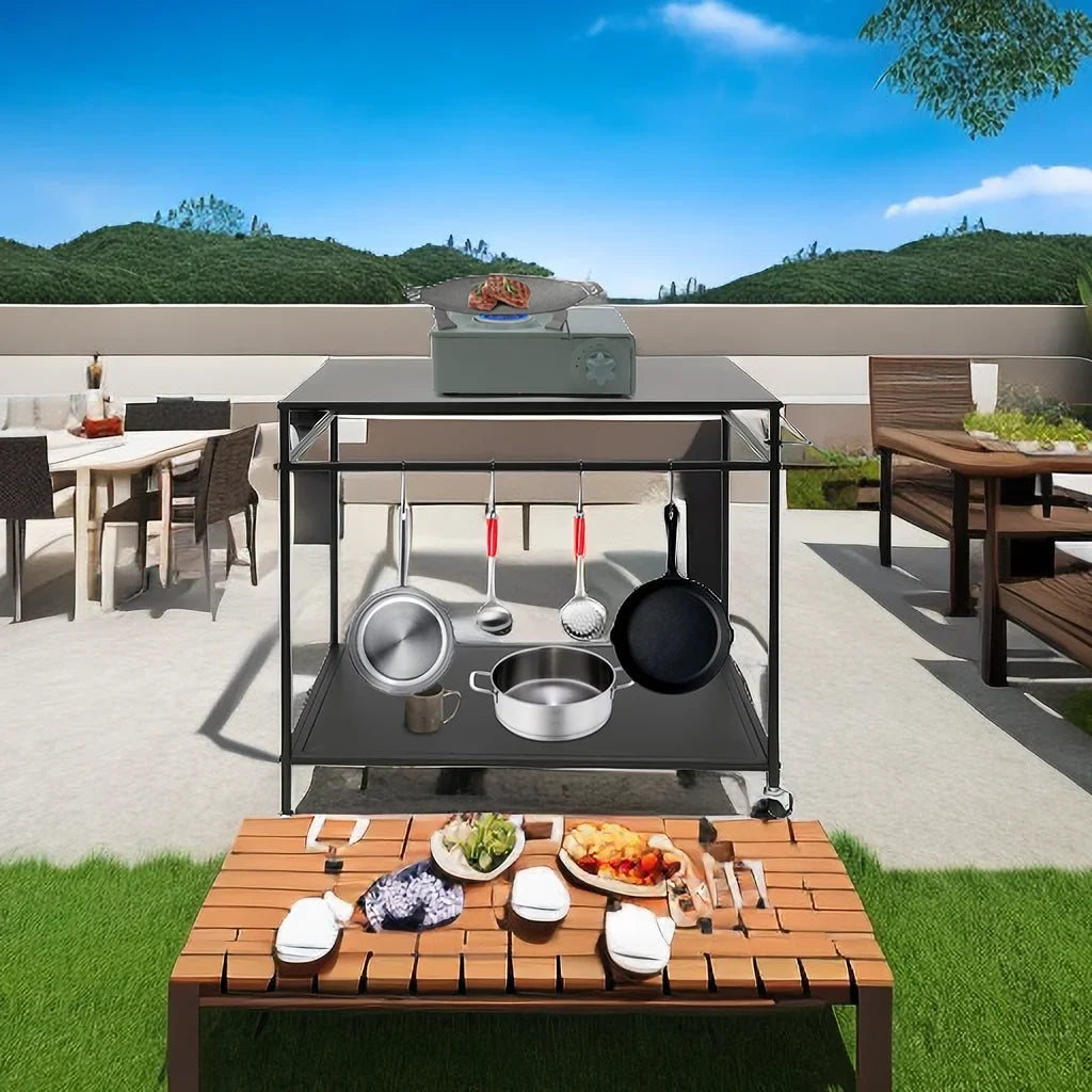 Movable Cook Outdoor Food Serving Station 2-Tier Grill Table Rack Shelf Cart BBQ Prep