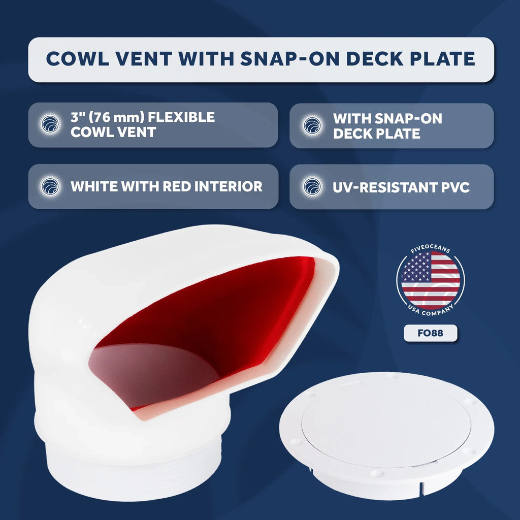 3-Inch Snap-On with Interior, Low Red Cover, UV-Resistant and Oceans Vent Ventilation- Cabin Intake Air Cowl for Plate Profile and FO88 Five or Flexible PVC, Deck